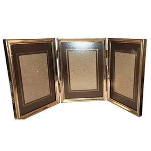 VTG Folding Triple Picture Frame Gold Tone Tabletop Photo Display Decor - Picture 1 of 3