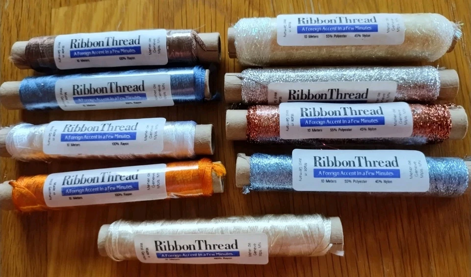 VTG West Germany Rayon Ribbon Thread  Lot- Mixed Colors -9 spools-10m--#D - Image 1 of 3