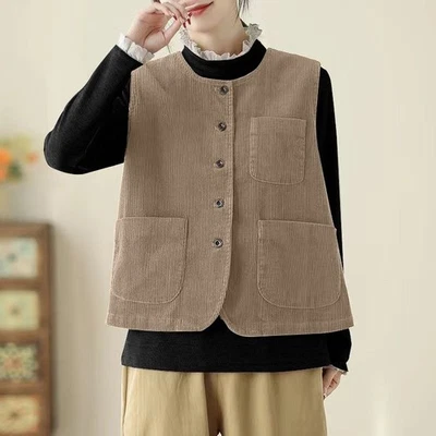 Colete feminino de veludo com botões jaquetas sem mangas com bolsos - Imagem 1 de 4