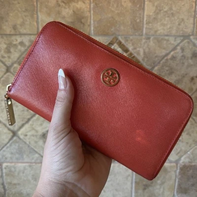 Cartera Tory Burch Cremallera Alrededor Cuero Saffiano Cartera Continental Naranja Amapola Foto 1 de 4