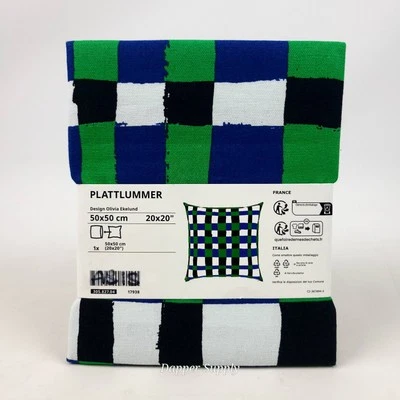 Ikea PLATTLUMMER Pillow Cushion Cover 20" x 20" Green/Blue/Black Checkered New - Image 1 of 4