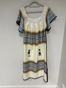 Vintage 1970's Dress Womens Large Hand Embroidered Boho Ecuador Kaftan - Picture 1 of 19