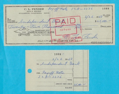 Leo Fender Signed 1968 Business Check w/ Stub Made For $25,000.00 Cover