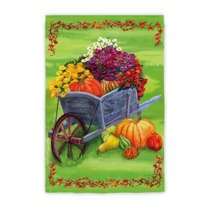 FALL COUNTRY WHEEL BARROW Pumpkins Flowers Autumn 12.5"x18" Small Banner Flag - Picture 1 of 1