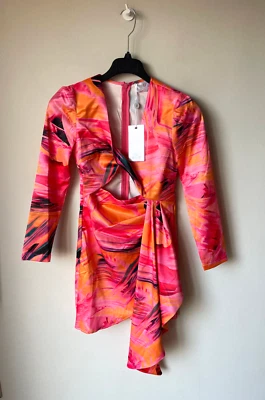 Forever Unique Mini Dress Pink Orange Drape Sash Satin Printed UK 6 💖 BNWT — 第 1/4 张图片