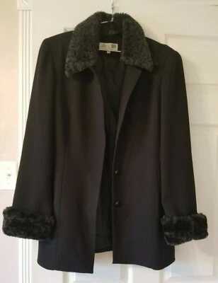 Women Ladies Solid Jacket Coat with Black Leopard Faux Fur accents Size 11/32  - Image 1 of 4