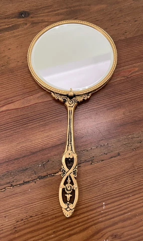 vintage Art Deco  gold gilded hand mirror Double Sided 10” Tall Cover