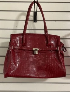 JJ Jone Jones Collection Red Faux Croc Tote Shoulder Bag Padlock Double Handle - Picture 1 of 10