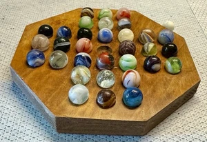 Antique Solitaire Game - Patinated Wood - some REALLY NICE Antique Marbles - Picture 1 of 12