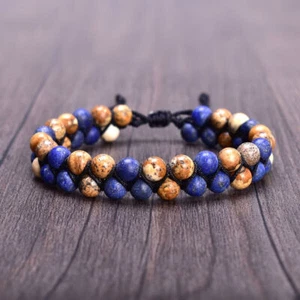 Lapis Lazuli 6mm Jasper Men's Bracelets Braided Double Layer Strand Adjustable - Picture 1 of 5