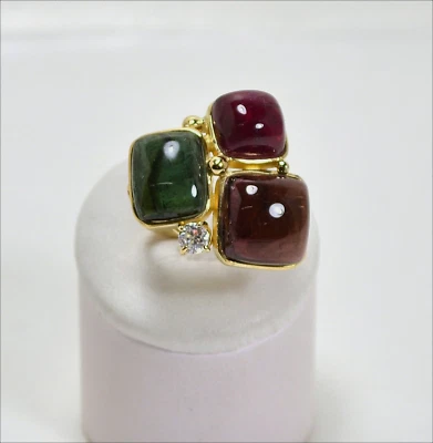 Bague en or Jaune 18 KT Avec Tourmalines Carrées Divers et Zircon Ognk - Photo 1/3