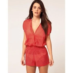 $173 NEW Juicy Couture Medium Polka Dot Smocked Waistband Cover up Romper Red M - Picture 1 of 5