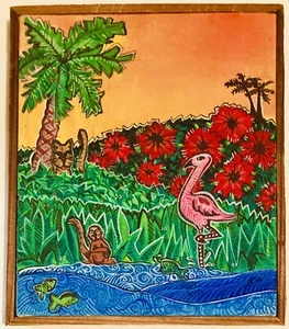 Tiki Jungle Painting 11" Mid-Century Tropical Art Monkey Flamingo Cat Flowers - Picture 1 of 9