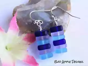 Stacked Blue & Purple Sea Glass Pebble Earrings, Gift For Her, Ocean Lovers - Picture 1 of 5