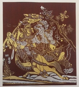 Hanuman Ravana Horse Red Thai Silk Painting Ramayana Poster Art Print Home Decor - Picture 1 of 6