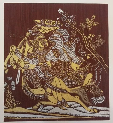 Hanuman Ravana Horse Red Thai Silk Painting Ramayana Poster Art Print Home Decor - Image 1 of 4