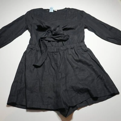 NWT Loft Beach Romper Size M Petite Black Linen Tie Wrap Puff Sleeves High Waist - Image 1 of 4