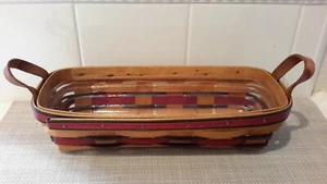 Longaberger 1993 Cestino Pane/Manici in Pelle Nero/Rosso Tessitura/Protettore Usato - Foto 1 di 12