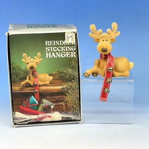 Vintage Enesco Reindeer Stocking Hanger Holder Flocked Red Belt Bell Mantel 1983 - Picture 1 of 21
