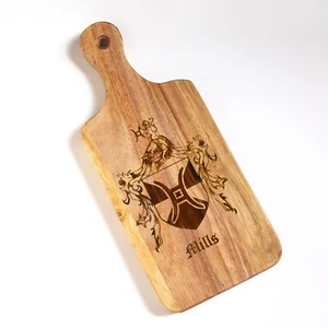 Custom Family Coat of Arms Cutting Board With Handle 13" x 5 1/2" x 3/4" - Picture 1 of 6