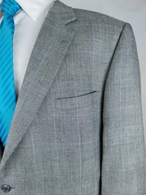 Jos A Bank Men 50R Gray Blazer Silk Camel Hair Blue Check Sport Coat Jacket - Image 1 of 4