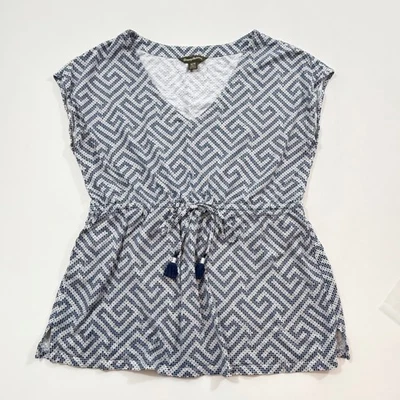 Tommy Bahama 女式上衣希腊 Cay 蓝色白色几何图案腰围 M — 第 1/4 张图片