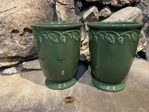 Pair of Longaberger Pottery at Home green vase leaf pattern 5 inches tall - Picture 1 of 7
