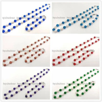 7-8mm White Pearl & 8mm Round Gemstones Beads Necklace 18" + Bracelet 7.5" Set - Изображение 1 из 4