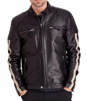 New Men's Genuine Lambskin Leather Biker Jacket Slim Fit Motorcycle Black Jacket - Image 1 of 4
