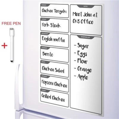 Black Magnetic Fridge Big Weekly Meal Planner Drywipe A3 White Notice Board Pen - Image 1 of 2