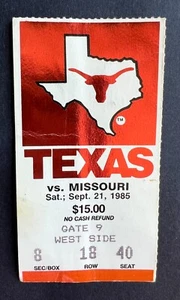 Boleto de fútbol americano 1985 NCAA Missouri Tigers vs Texas Longhorns 21/09/85 - Imagen 1 de 2