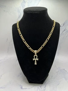14k Yellow Gold Plated Cubic Zirconia Studded Ankh Pendant on 24” Figaro Chain - Picture 1 of 9