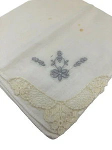 Vtg Handkerchief Hankie White Silver Gray Floral Embroidered Crochet Edge 1940s - Picture 1 of 6