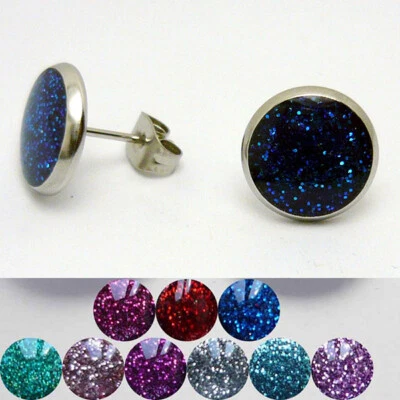 1 Paar Glitter Glitzer Edelstahl Ohrstecker rund Cabochon Ohrringe Ear Stud 6-20 - Bild 1 von 2