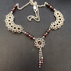 Vintage Natural Garnet Necklace Hand Knitted Silver 925 Unique OOAK Bib Gift Box - Picture 1 of 18