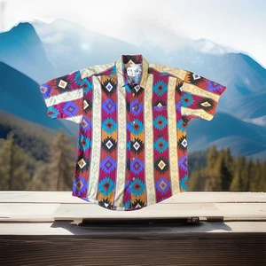 Vintage 1980s Frank Aztec Print Button Down Western Short Sleeve Shirt  Sz M - Picture 1 of 9