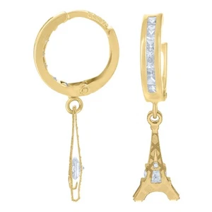 Orecchini a cerchio pendenti in oro giallo 10 kt da uomo con zirconi Torre Eiffel 1 gr - Foto 1 di 1
