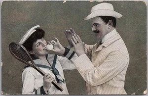Vintage 1910s European TENNIS Sports Comic Postcard Man & Woman / Romance - Picture 1 of 2