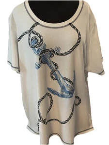 Quaker Factory 2X Pullover Oberteil T-Shirt Maritim Perlen Kurzarm weiß blau - Bild 1 von 14