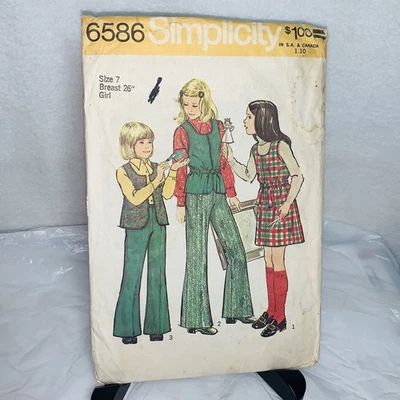 1974 Simplicity 6586 Girls Retro Jumper Vest Bell-Bottom Pants Size 7 Uncut - Image 1 of 4