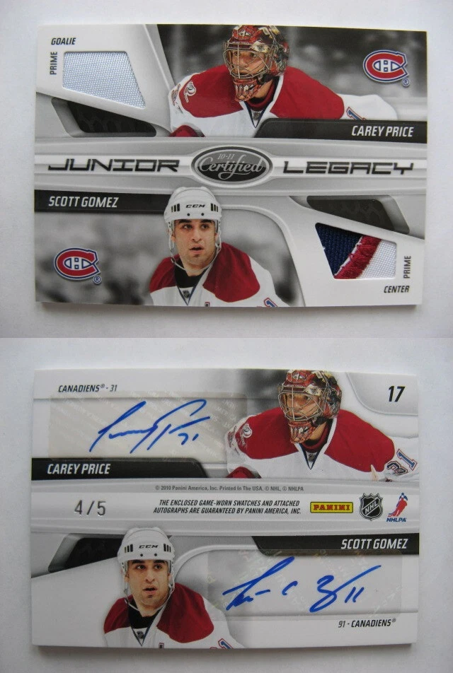 Combos Materiales Firmas Carey Price Scott Gomez 2010-11 Certificados Panini 4/5 Foto 1 de 1