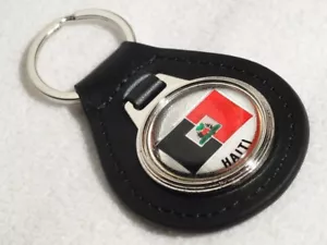 NEW RARE VINTAGE 1970s HAITI FLAG BLACK Leather CAR Key Chain Ring Fob NOS - Foto 1 di 4