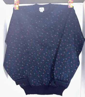 Suéter Vintage Neiman Marcus Para Hombres L Colorido Azul Marino Lana Tejido Cosby Retro Foto 1 de 4