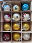 Vtg Shiny Brite & Other Mica Stencil Christmas Tree Ball Ornaments - Set of 12
