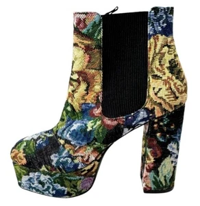 Forever 21 Shoes Women 8 Black Floral Tapestry Platform Chelsea Booties Boho - Picture 1 of 11