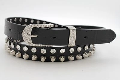 Cinturón estrecho Western para mujer negro imitación cuero plata metal tachuelas hebilla L Foto 1 de 4