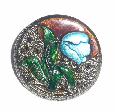 Pretty Antique Reproduction Metal Blue Flower Tulip Shank Button 1-1/4" Blue - Image 1 of 4
