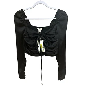 Chelsea & Violet Black Long Sleeve Cropped Ruched Tie Front Top Women’s Size 2 - Picture 1 of 18