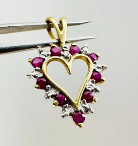 Estate 10K Multi-Tone Gold Ruby w/Diamond Accent Small Heart Pendant 19x13mm - Picture 1 of 13