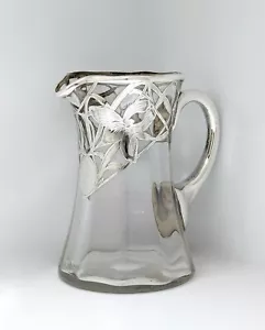 Antique Art Nouveau Glass & Silver Overlay Milk/Cream Pitcher Cup For Tea/Coffee - Picture 1 of 5